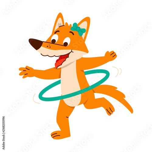 A happy orange fox spins a teal hula hoop around its waist with arms stretched out, creating a lively,y playful cartoon illustration 