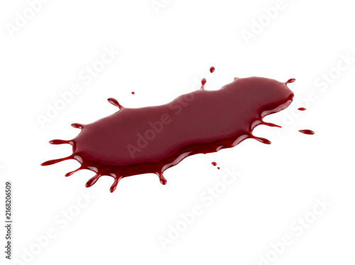 Obraz na płótnie Dark red liquid puddle or spill, elongated shape with smaller droplets, isolated on transparent