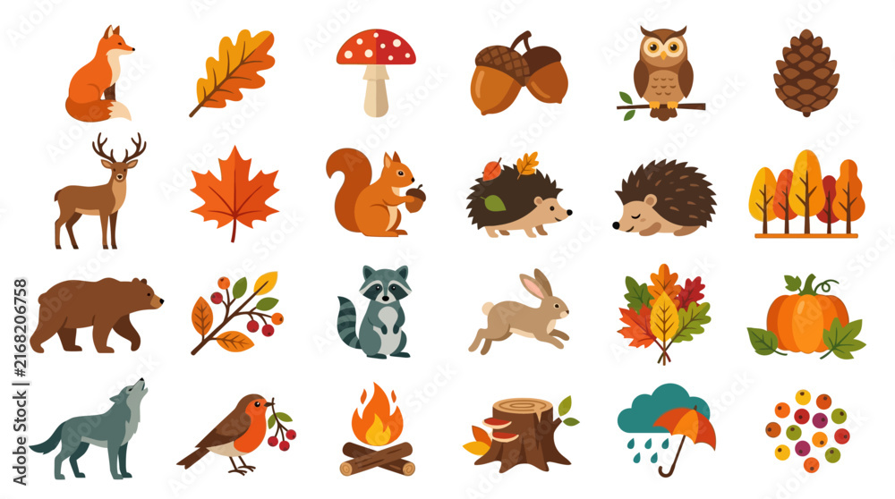Obraz premium Forest wildlife and autumn nature elements vector icon set