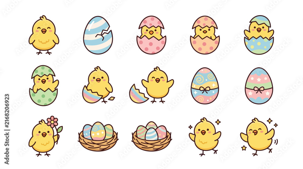 Obraz premium Cute baby chick and hatching egg Easter line icons set