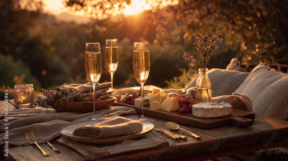 Fototapeta premium Wine and Cheese Picnic at Sunset Outdoors