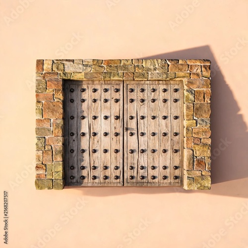 Weathered Wooden Double Gate With Round Iron Studs Set Into A Stone Wall Background