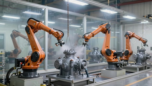 Automated robotic arms spray powder coating onto industrial valves inside a modern manufacturing facility.