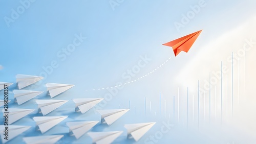 Orange Paper Airplane Soaring Upward Leading Fleet Above Growth Chart