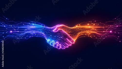 Glowing Neon Digital Circuit Handshake For High Tech Business Partnership