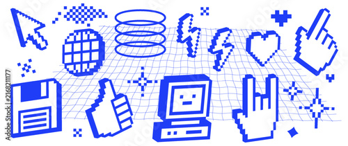 Blue pixel 3D technology icon set with computer, cursor, globe, thumbs up, chat, lightning and bold digital interface symbols in retro 8-bit style for stickers, apps, social media and tech graphics
