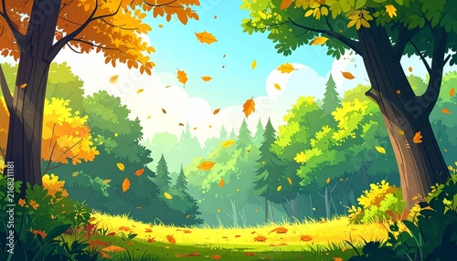 A vector autumn background illustration depicting falling leaves against a backdrop of trees and forest. This natural landscape scene features vibrant green and yellow tones, making it ideal for desig