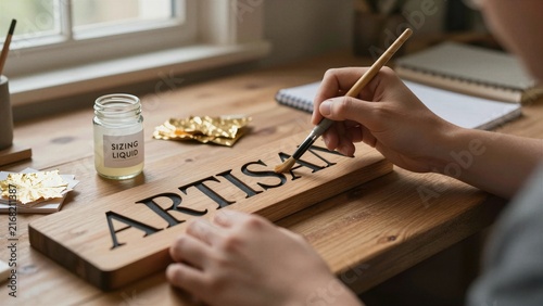 Craftsperson carefully gilds wooden sign with gold leaf using brush and sizing liquid in warm, natural light workspace.