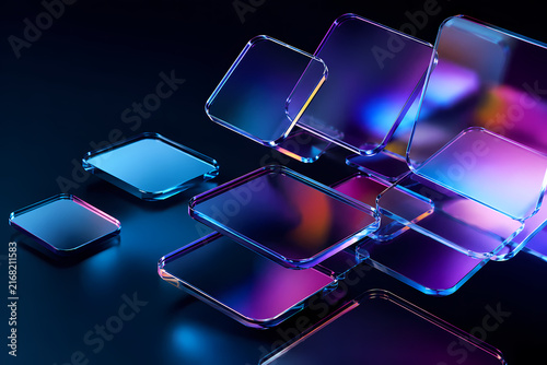 Abstract geometric shapes with iridescent glass texture floating in a dark environment with vibrant neon light reflections representing technology and modern design