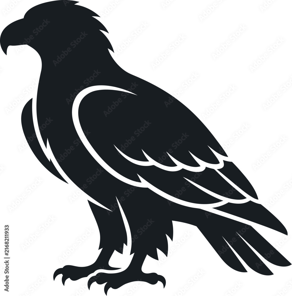 Fototapeta premium Minimalist eagle silhouette icon, black bird graphic design element on white background.