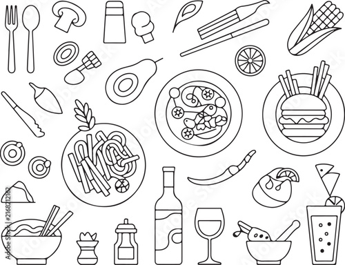 Collection of various delicious food items and kitchen utensils in a simple line art style