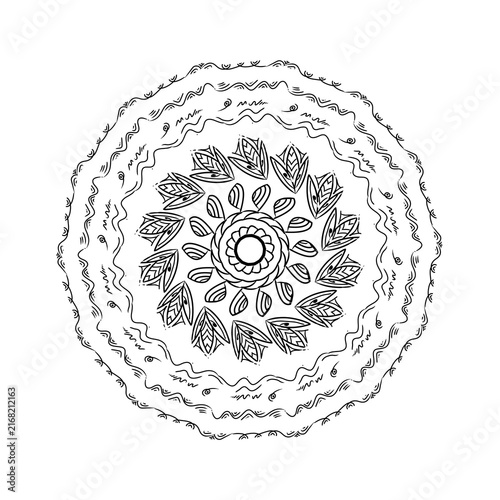 Mandala illustration with intricate black line art patterns stands out on a transparent backdrop.