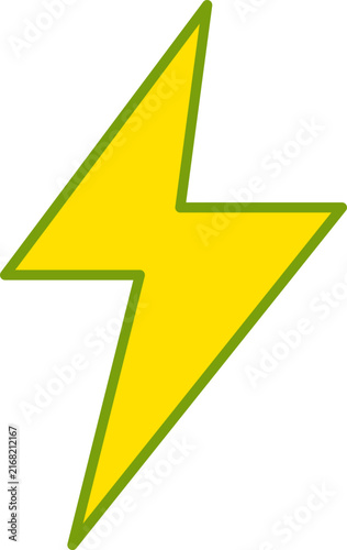 Yellow lightning bolt icon with green outline isolated on white background for electricity energy illustration