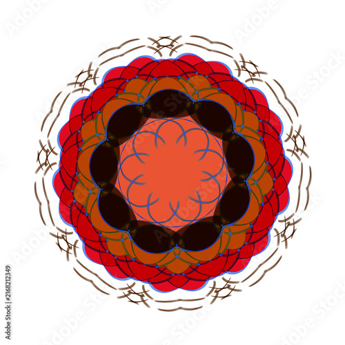 Ornament featuring red and orange circular layers forms a vibrant decorative mandala design.