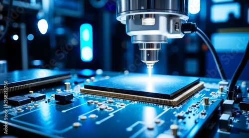 An engineering robot machine creates a chip with a laser.