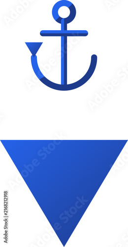 Minimalist blue geometric nautical anchor symbol positioned above a large blue downward pointing triangle illustration