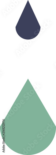 Minimalist geometric composition featuring a small dark navy and large sage green teardrop shape illustration