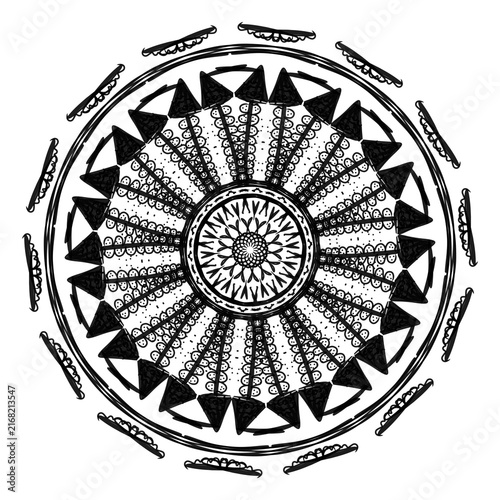 Mandala art piece exhibits high detail with triangular motifs and concentric circles.