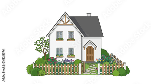 Charming Suburban Cottage Illustration with Flower Garden