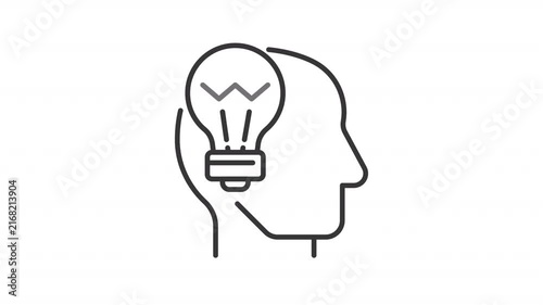 Animated person head with lightbulb outline icon. Inspiration animation. Generating ideas for business success. Creative thinking. Flat line motion graphic loop on transparent white