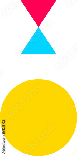 Red and blue triangles form an hourglass shape positioned above a large yellow circle illustration
