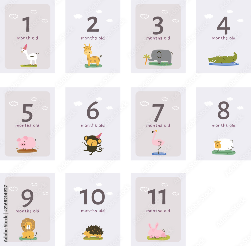 Naklejka premium Cute animal baby milestone cards editable vector set