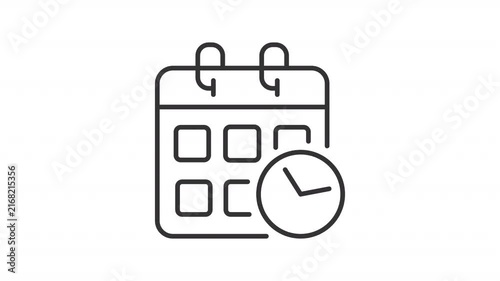 Animated calendar with clock outline icon. Work schedule animation. Importance of time management in business strategy. Event planning. Flat line motion graphic loop on transparent white