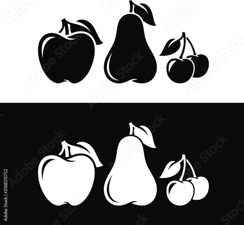 Fruit silhouette. Isolated pear cherry and apple on white and black background 