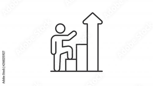 Animated person going up career ladder outline icon. Reaching success in professional sphere animation. Business leadership development. Flat line motion graphic loop on transparent white