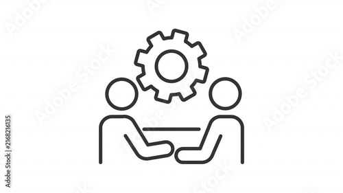 Animated business partners discussing solutions outline icon. Strategy meeting animation. Colleagues with cogwheel. Collaboration for result. Flat line motion graphic loop on transparent white