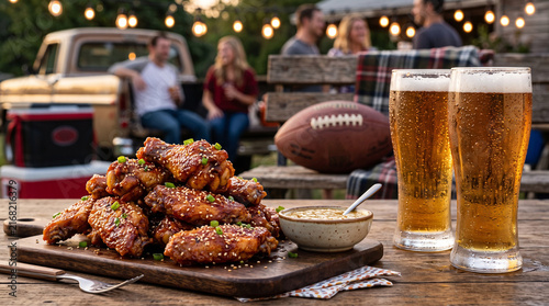 Glazed chicken wings and cold lager beer at a lively outdoor football tailgate party with friends.
