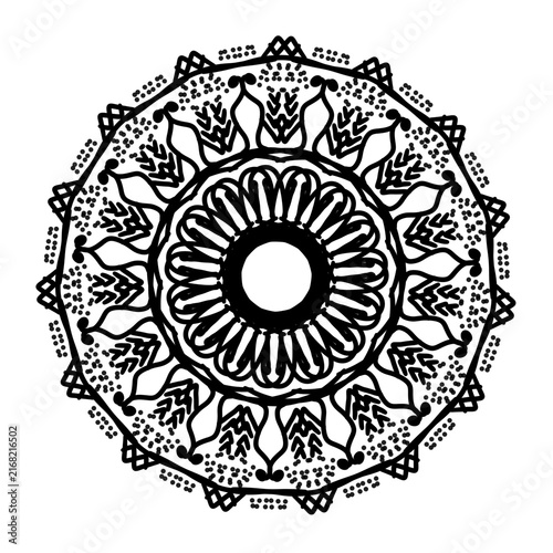 Mandala circular pattern features intricate black ink details on a transparent background.