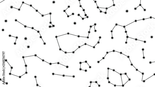 Black constellation pattern with stars and connected dots on white background