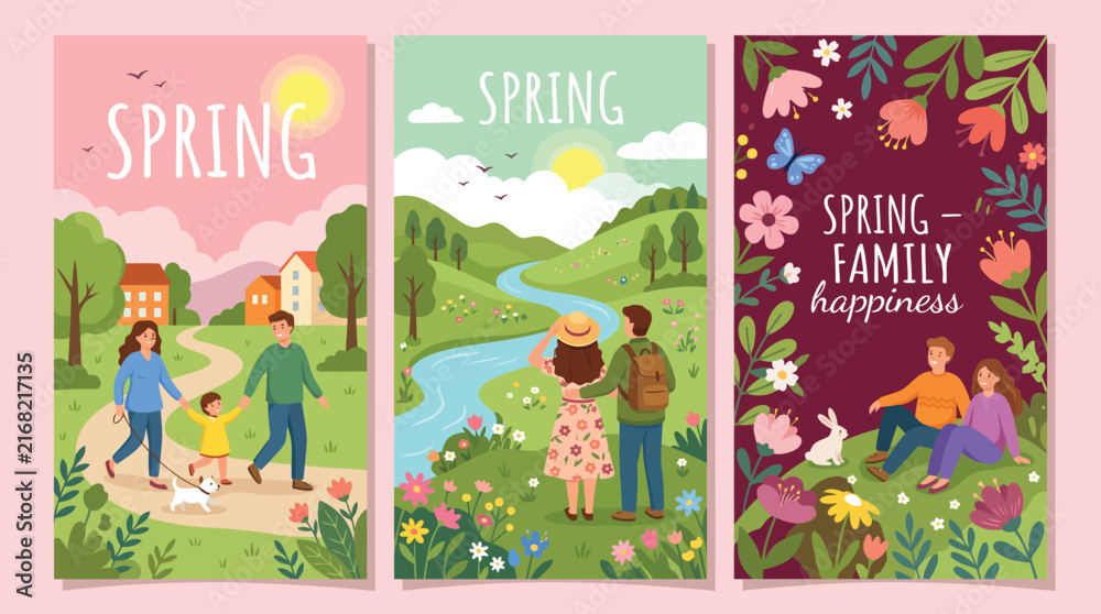 Fototapeta premium Spring Season, Family Happiness, Nature and Outdoor Banners Vector Collection
