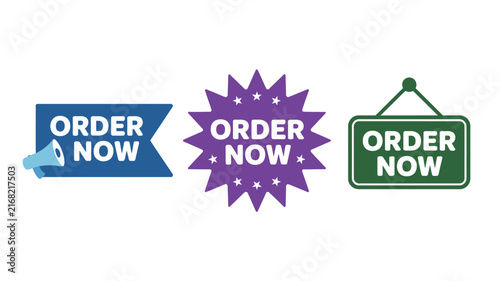 Order now badges in blue purple and green colors for online shopping promotions and urgent purchase calls to action