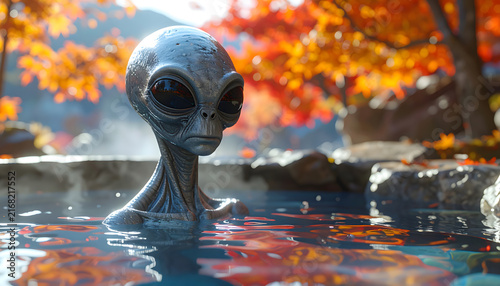 Naklejka グレイ宇宙人が日本の紅葉温泉を満喫する