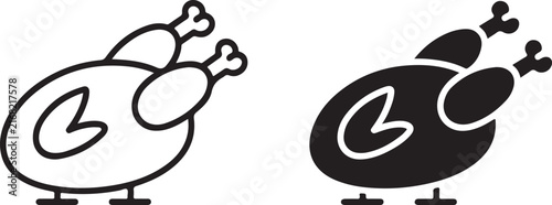 Roasted whole chicken food icon in clean line art and solid black graphic style variations