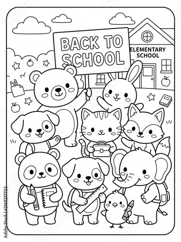 Back to School Animals: A delightful group of cartoon animals, including a bear, bunny, fox, cat, panda, dog, chick, and elephant, gather joyfully in front of an elementary school.