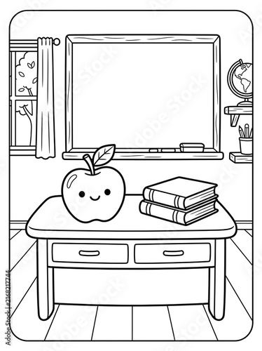 Classroom Scene: A charming black and white illustration depicts a teacher's desk in a classroom, featuring a smiling apple and a stack of books, with a chalkboard and window in the background.