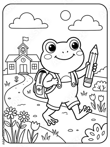 School-bound Froggy: A cheerful cartoon frog, adorned with a backpack and overalls, confidently walks towards a school building, holding a large pencil, ready for a day of learning.