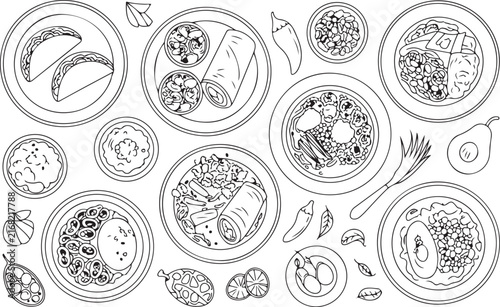 Top view collection of Mexican culinary dishes including burritos and tacos in hand drawn style