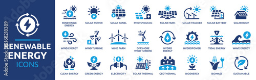Renewable Energy Icons Set. Solar Power, Wind Turbine, Hydropower, Geothermal, Biomass and Clean Green Energy Vector Solid Collection