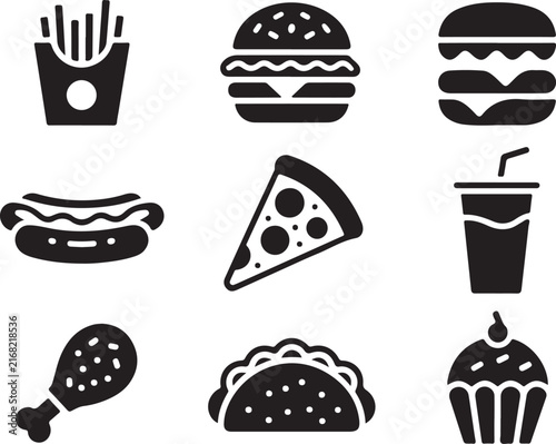 Set of black fast food icons featuring burgers pizza fries and various delicious takeaway meal options