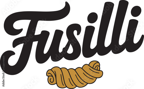 Handwritten typography style logo for Fusilli pasta with a realistic brown pasta shape illustration below