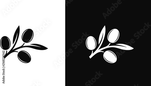 Black olive silhouette. Isolated olives with leaves on white and black background
