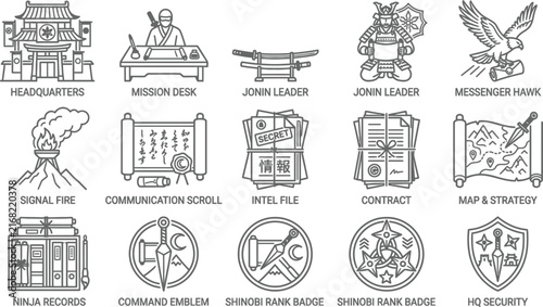 Cuadro en lienzo Anime Ninja Village Crests Vector Line Symbol Collection