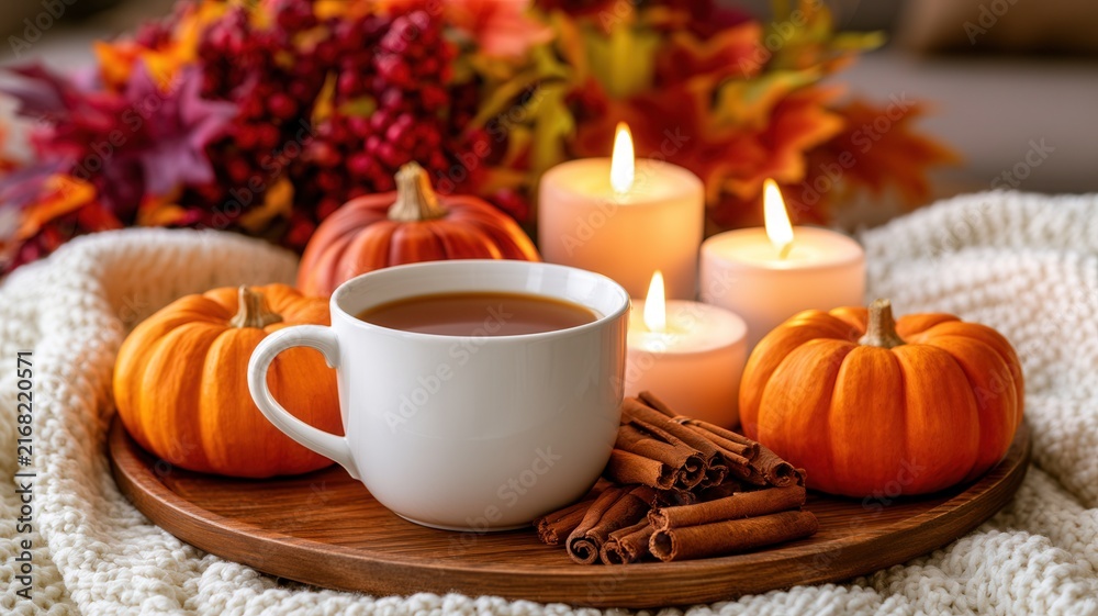 Fototapeta premium Warm beverage in a white mug on a woven tray with a pumpkin pinecones cinnamon and lit candles sticks
