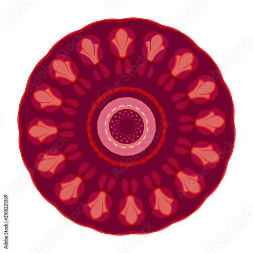 Floral motif utilizes deep red tones to form a layered circular illustration.