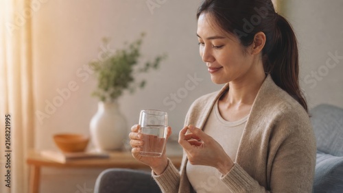 Calm woman taking medication with glass of water in cozy living room at home
