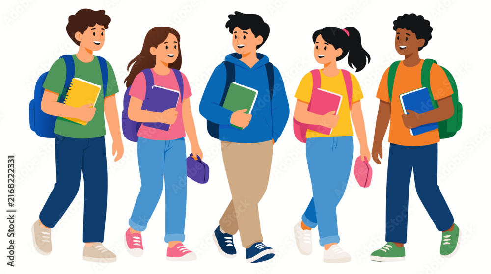 Obraz premium Diverse Group of Happy Students Walking Together Carrying Colorful Backpacks and Holding Notebooks, Flat Vector Illustration of Teenagers in Casual Clothes for Education and Schooling Concept.